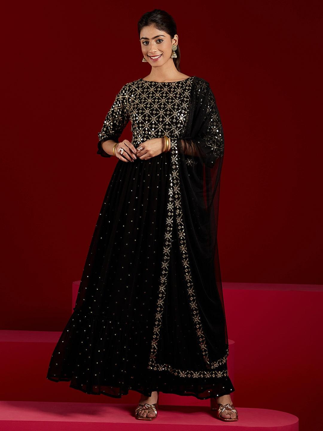 Black Embroidered Georgette Anarkali Kurta With Trousers & Dupatta - Libas