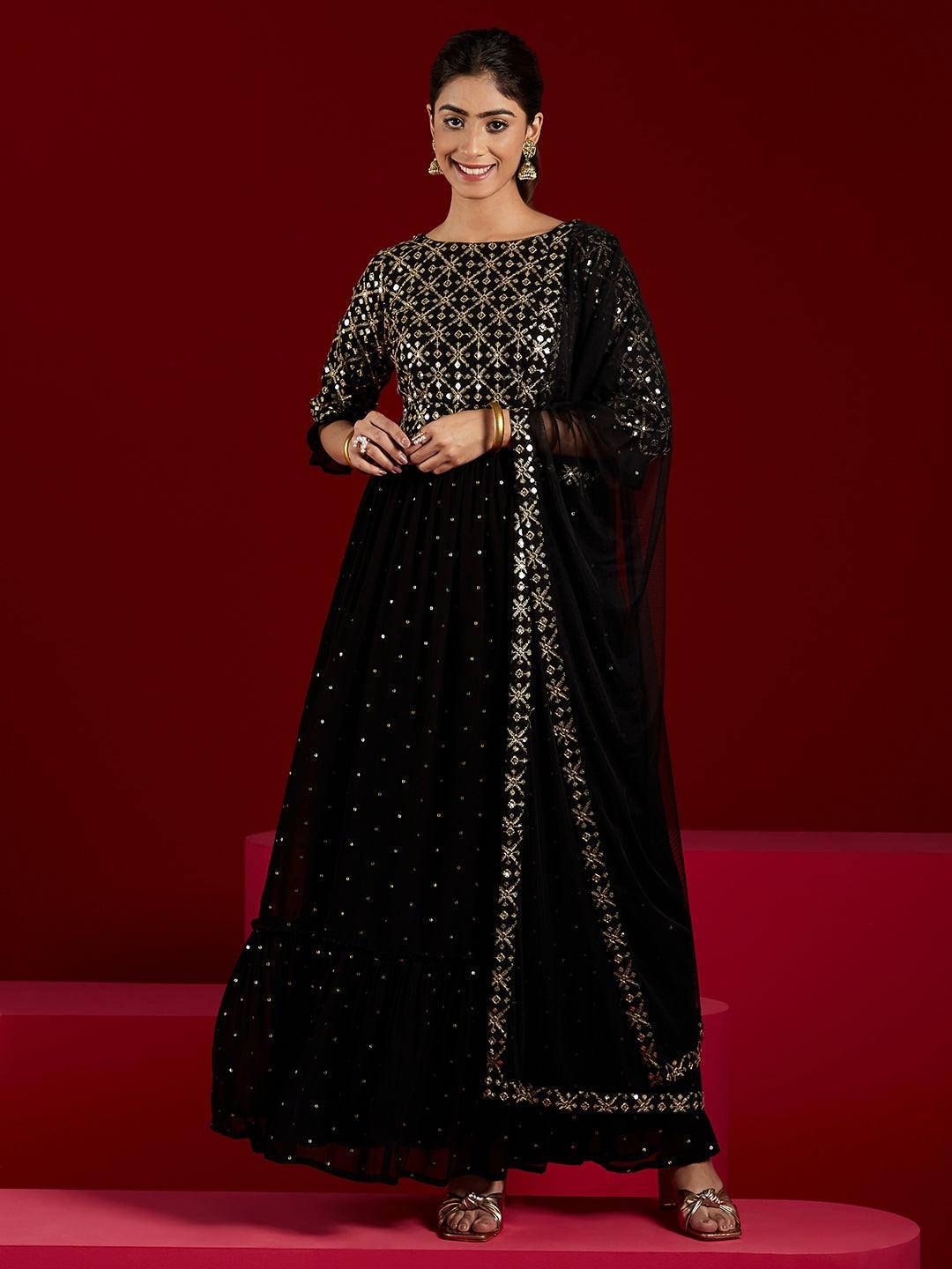 Black Embroidered Georgette Anarkali Kurta With Trousers & Dupatta - Libas