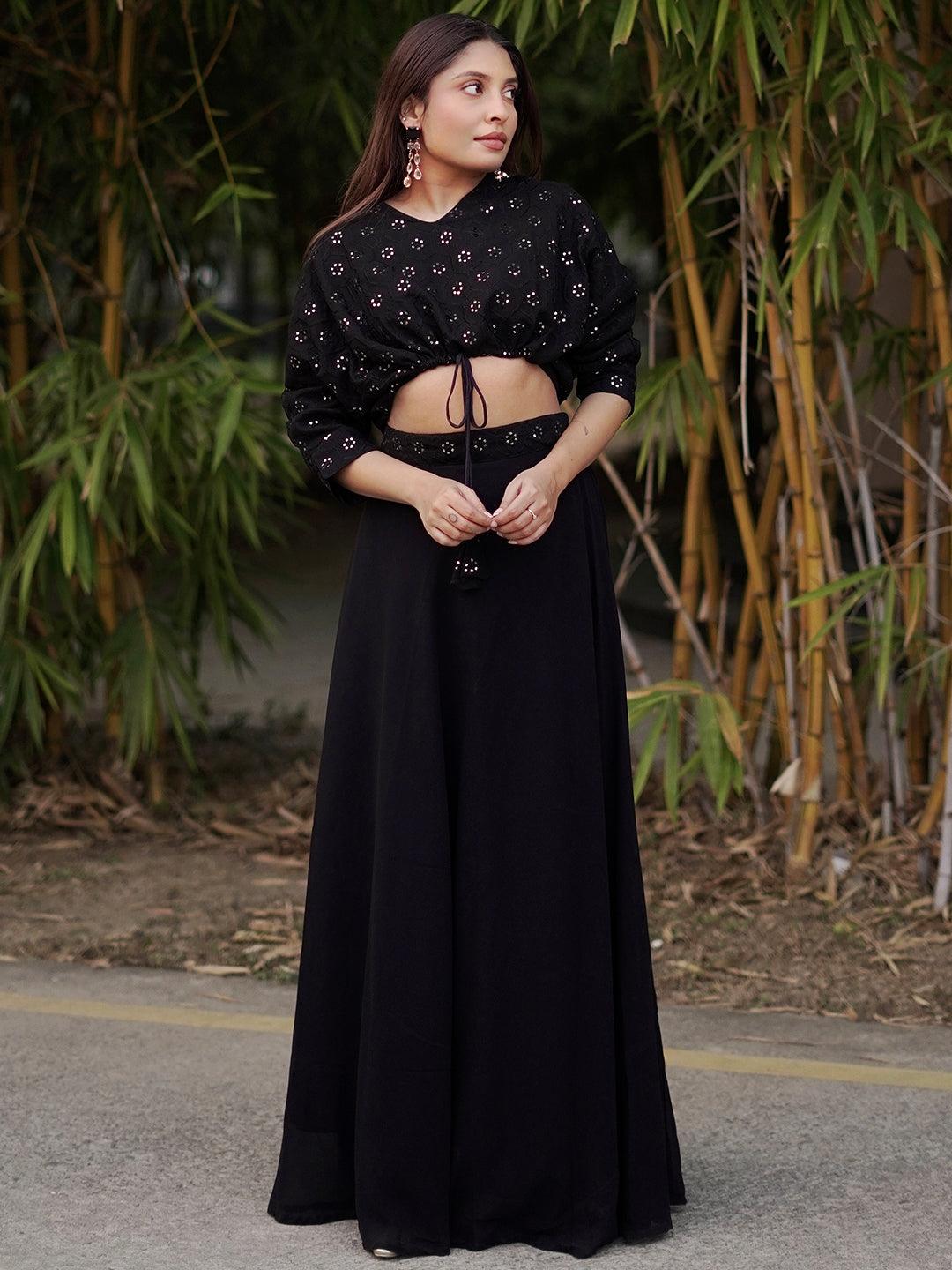 Black Embroidered Georgette Lehenga - Libas 