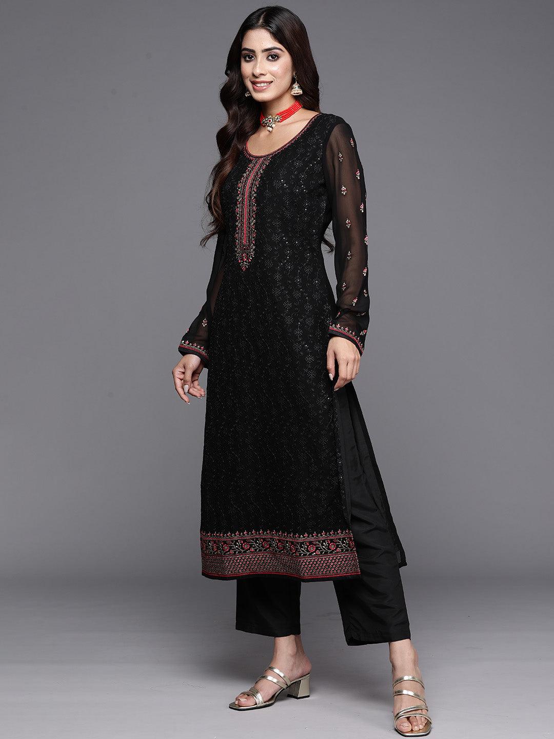 Black Embroidered Georgette Straight Kurta With Trousers & Dupatta - Libas 