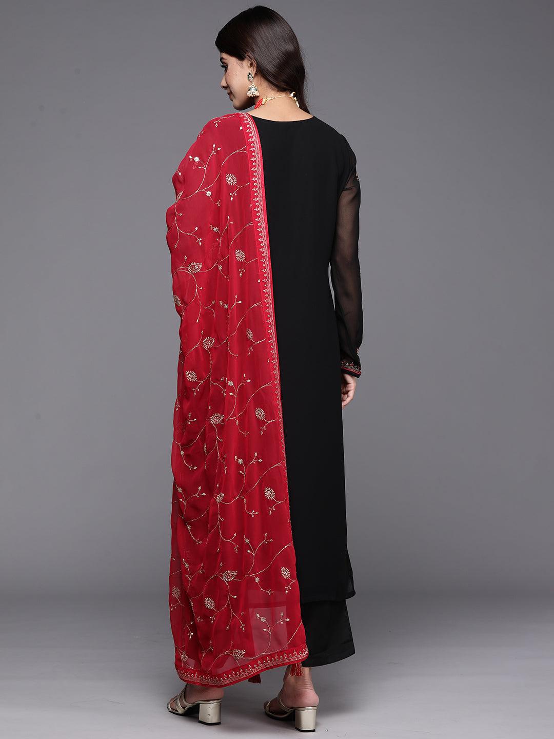 Black Embroidered Georgette Straight Kurta With Trousers & Dupatta - Libas 