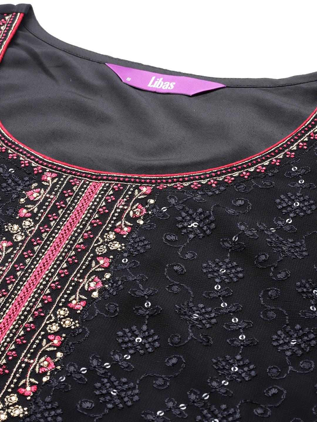 Black Embroidered Georgette Straight Kurta With Trousers & Dupatta - Libas 