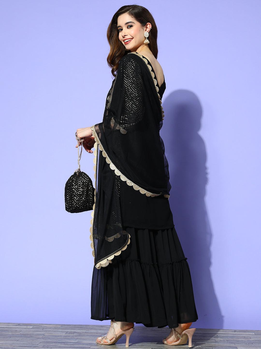 Black Embroidered Georgette Straight Sharara Suit Set With Dupatta