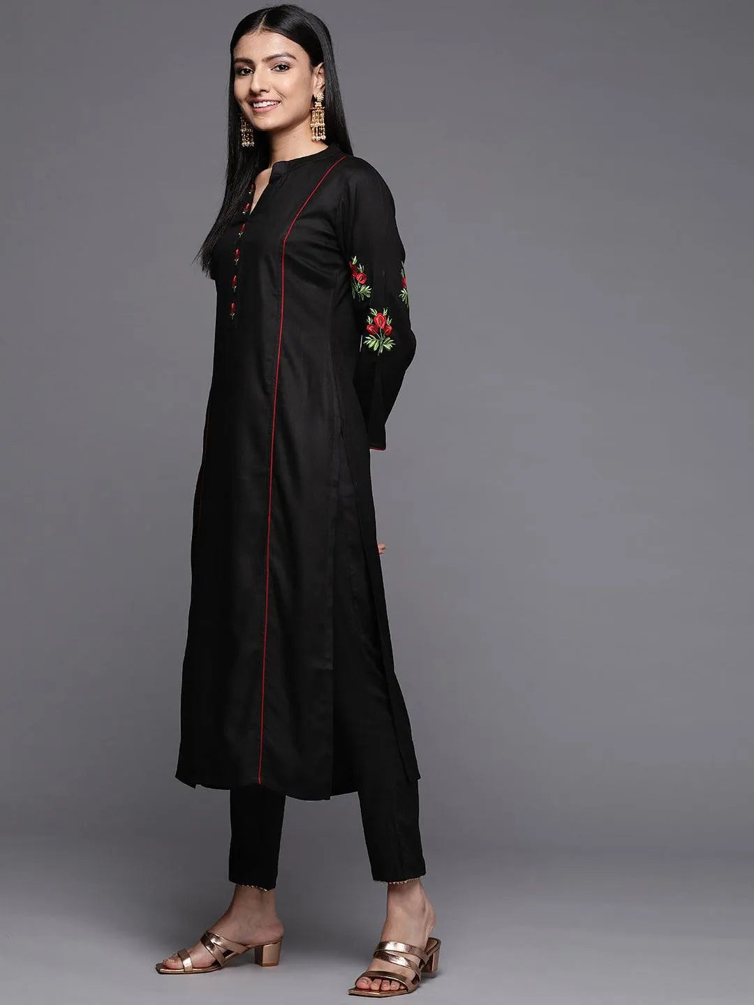 Black Embroidered Pashmina Wool Straight Kurta - Libas