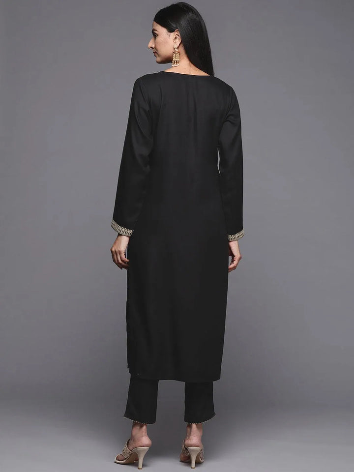 Black Embroidered Pashmina Wool Straight Kurta - Libas