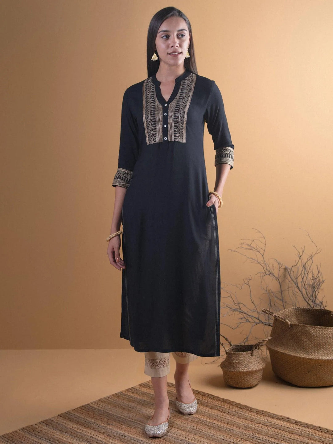 Black Embroidered Rayon Kurta - Libas