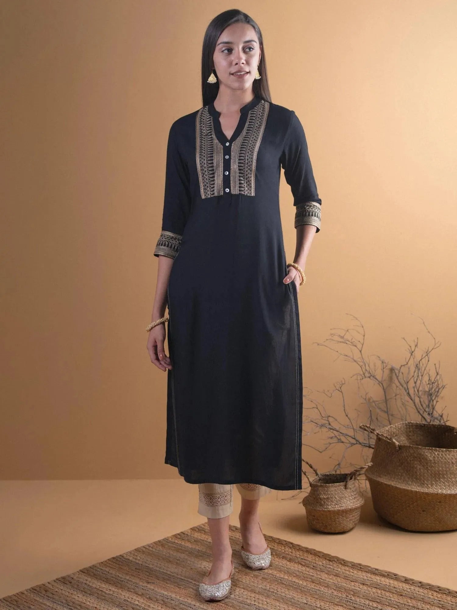 

Buy Black Embroidered Rayon Kurta - 7689- | Libas Ethnic Wear Online