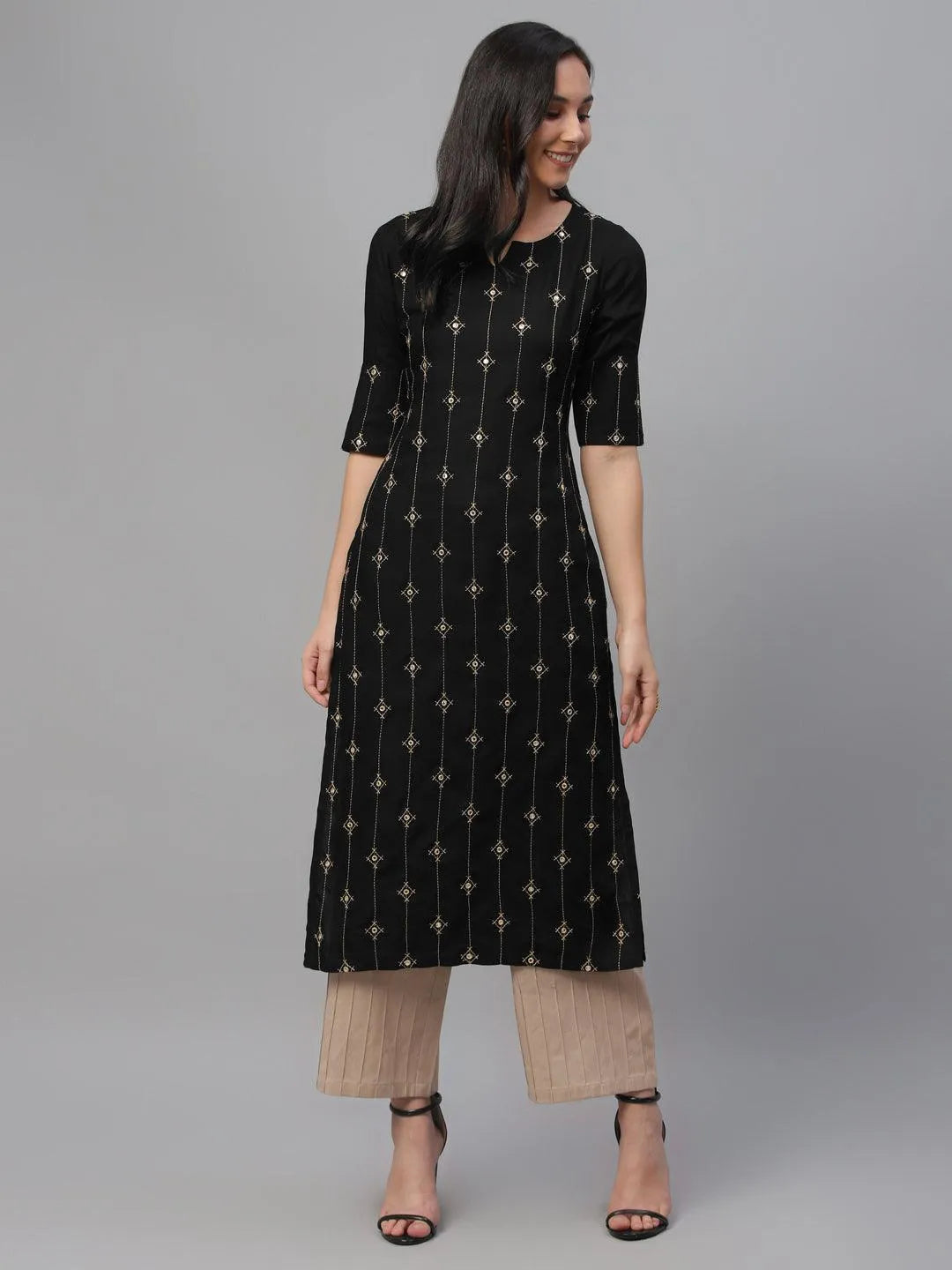 Black Embroidered Rayon Kurta - Libas