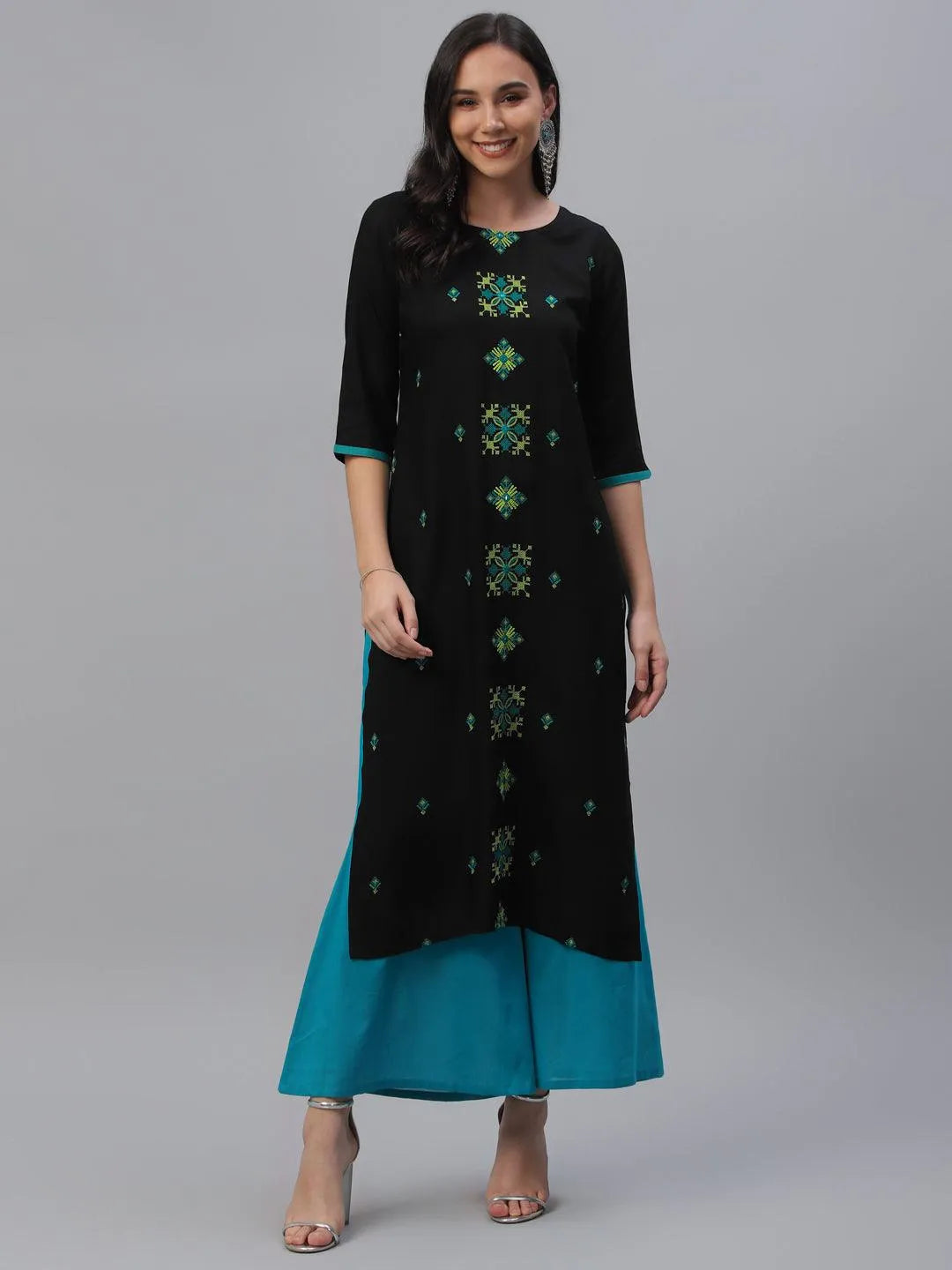 Black Embroidered Rayon Kurta - Libas