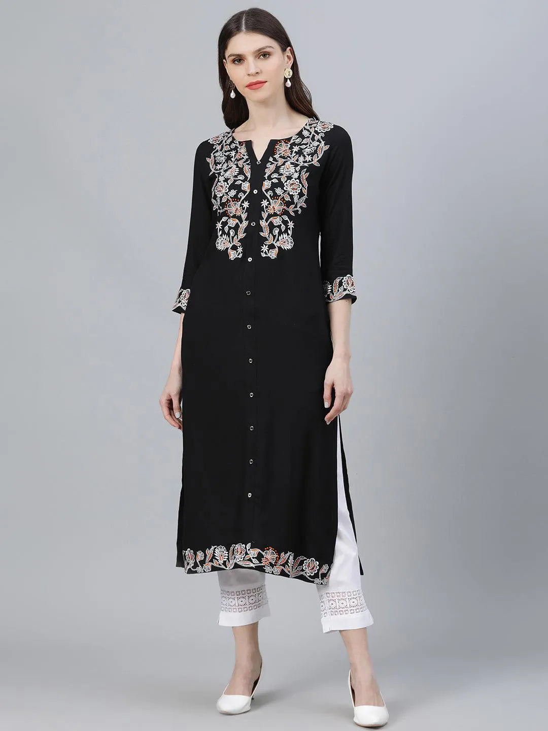 Black Embroidered Rayon Kurta - Libas