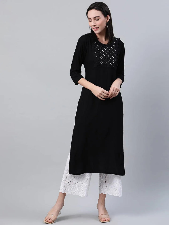 Black Embroidered Rayon Kurta - Libas