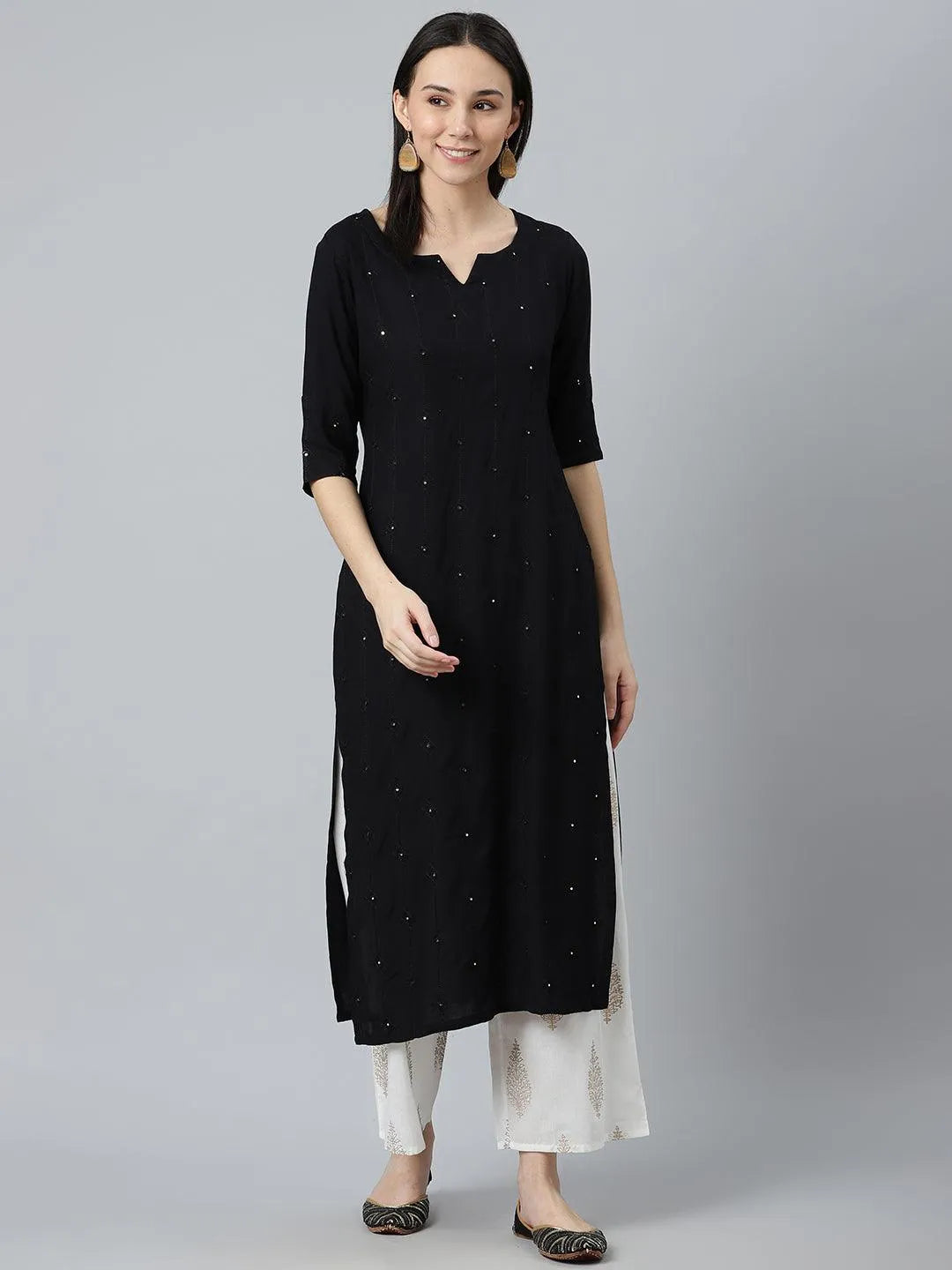 Black Embroidered Rayon Kurta - Libas 