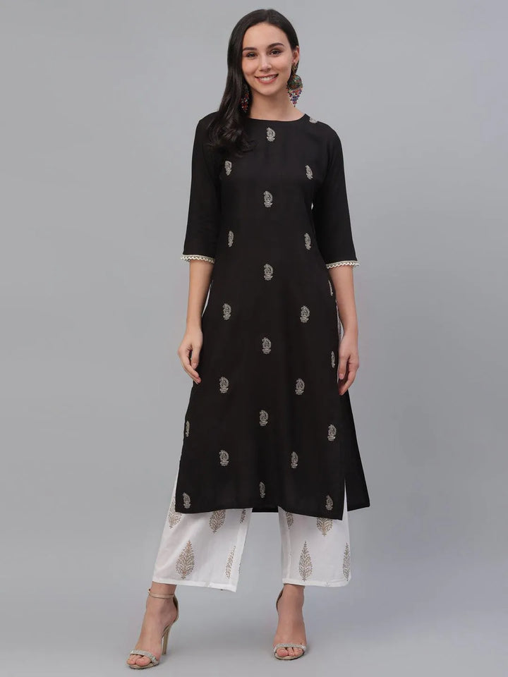 Black Embroidered Rayon Kurta - Libas