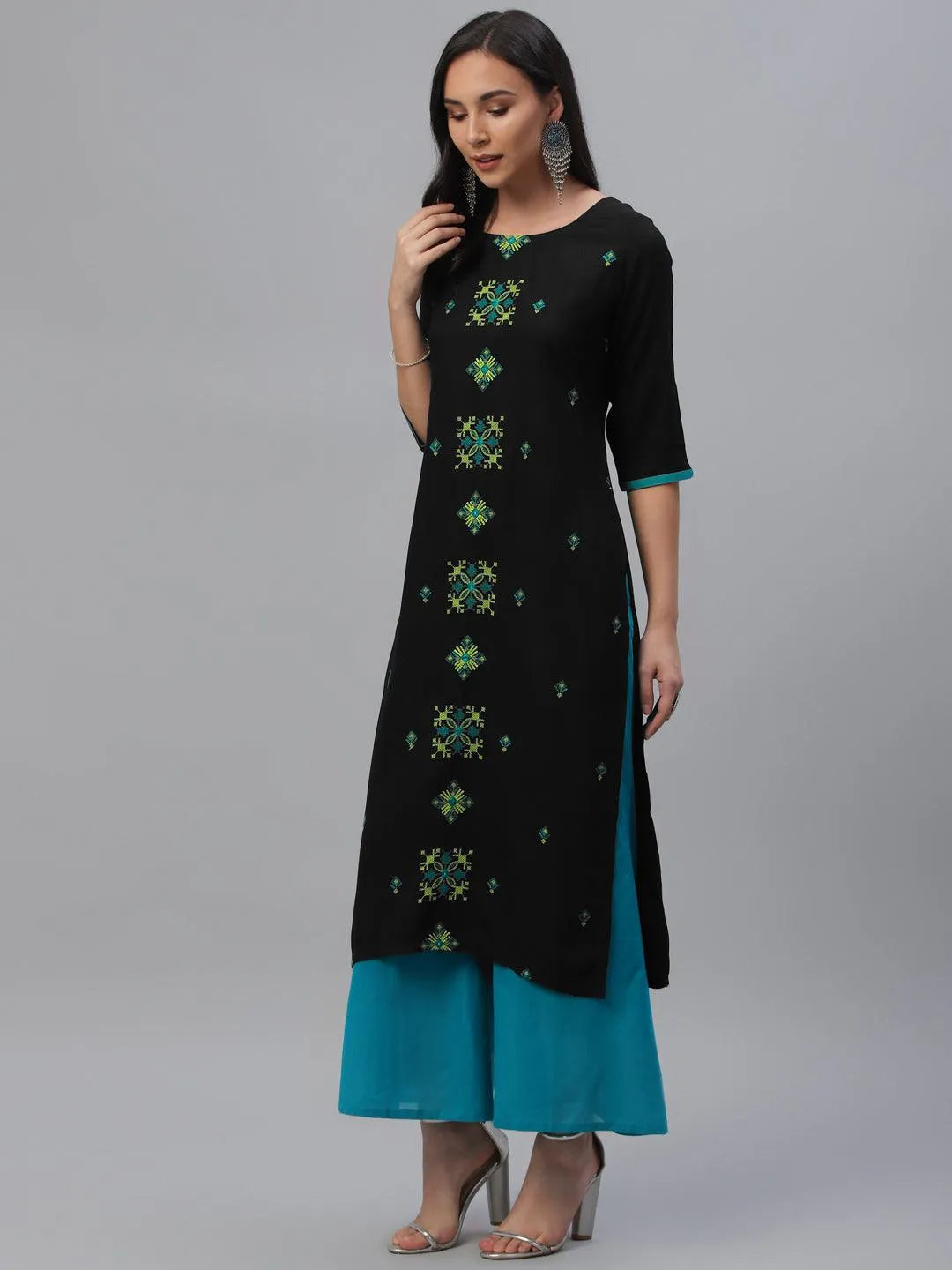 Black Embroidered Rayon Kurta - Libas