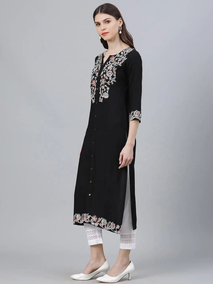 Black Embroidered Rayon Kurta - Libas