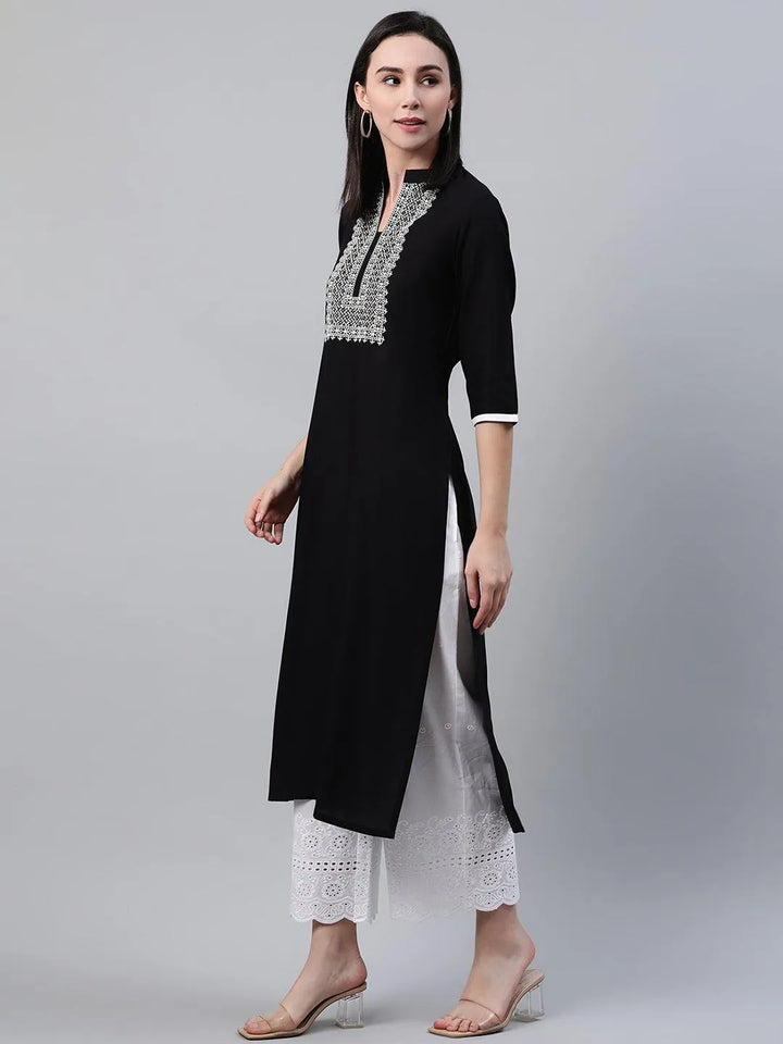 Black Embroidered Rayon Kurta - Libas