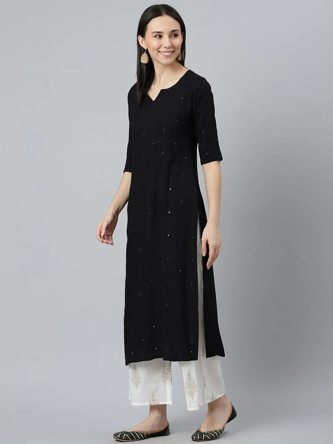 Black Embroidered Rayon Kurta - Libas 