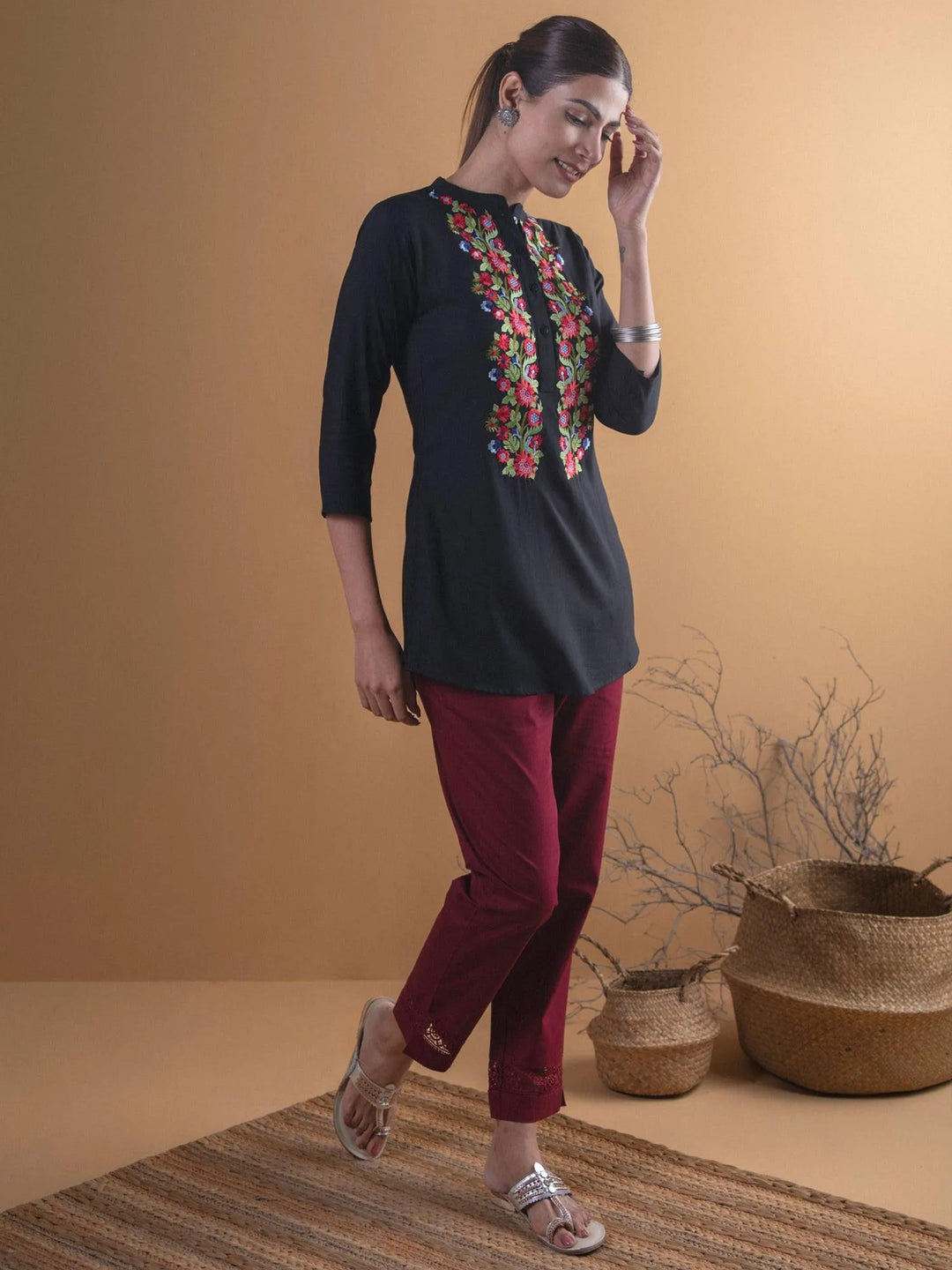 Black Embroidered Rayon Kurta - Libas