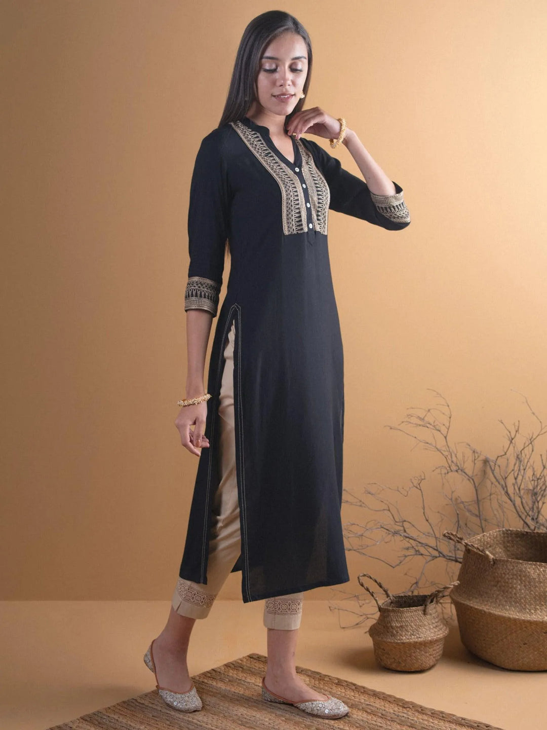 Black Embroidered Rayon Kurta - Libas