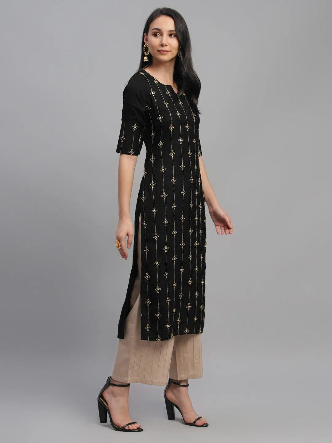 Black Embroidered Rayon Kurta - Libas