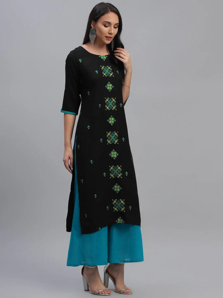 Black Embroidered Rayon Kurta - Libas