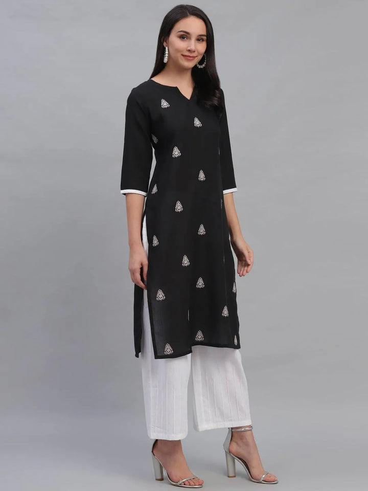 Black Embroidered Rayon Kurta - Libas