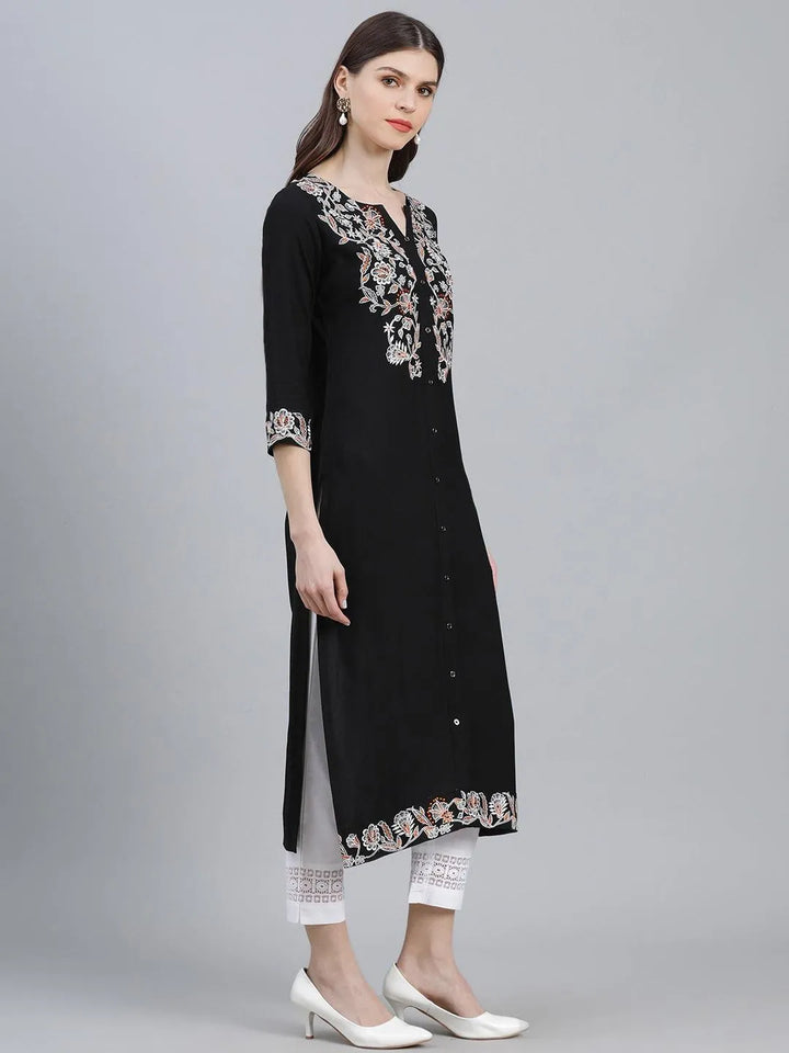 Black Embroidered Rayon Kurta - Libas