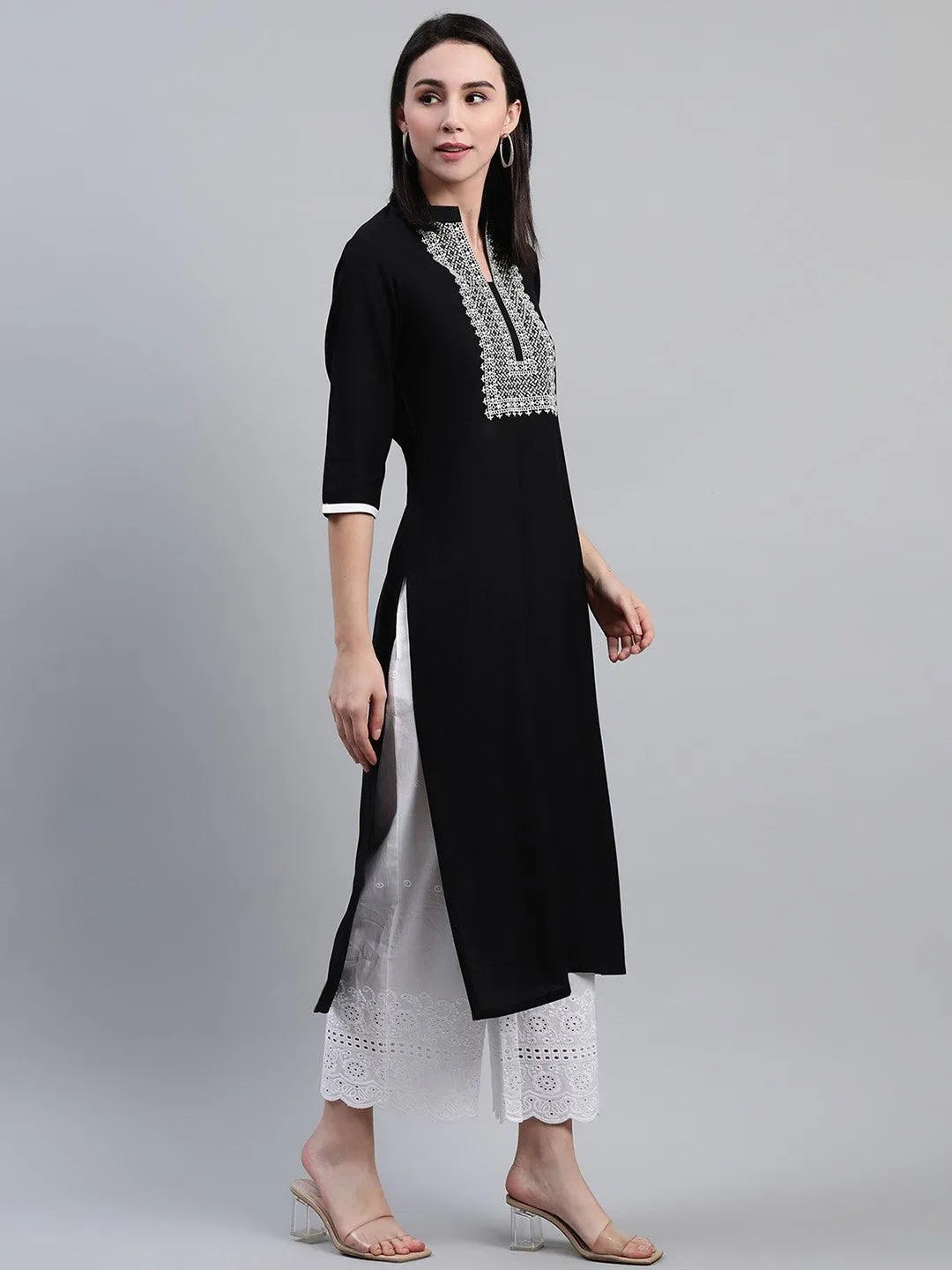 Black Embroidered Rayon Kurta - Libas