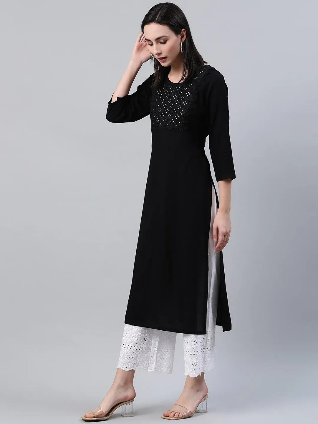 Black Embroidered Rayon Kurta - Libas 