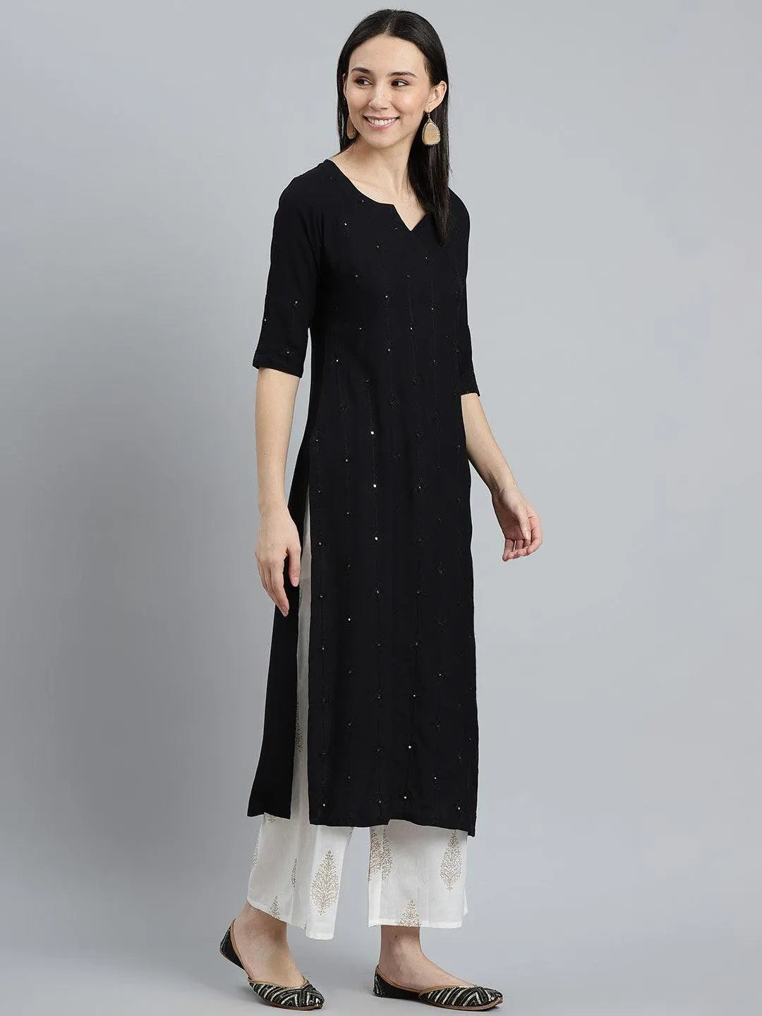 Black Embroidered Rayon Kurta - Libas 