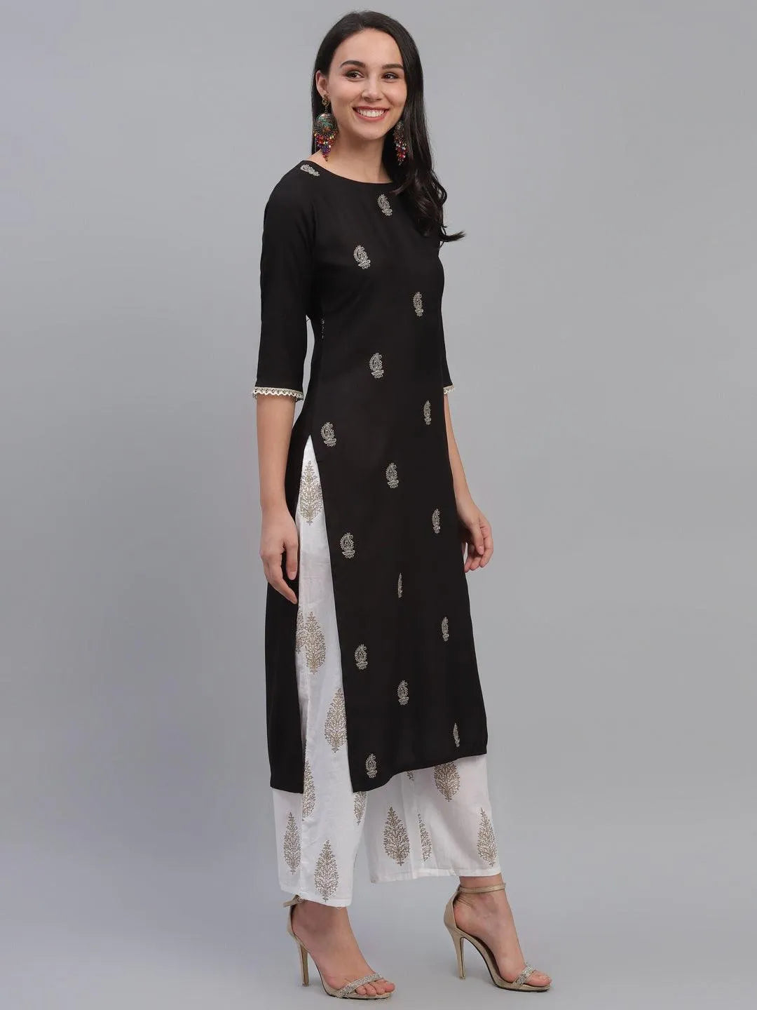 Black Embroidered Rayon Kurta - Libas