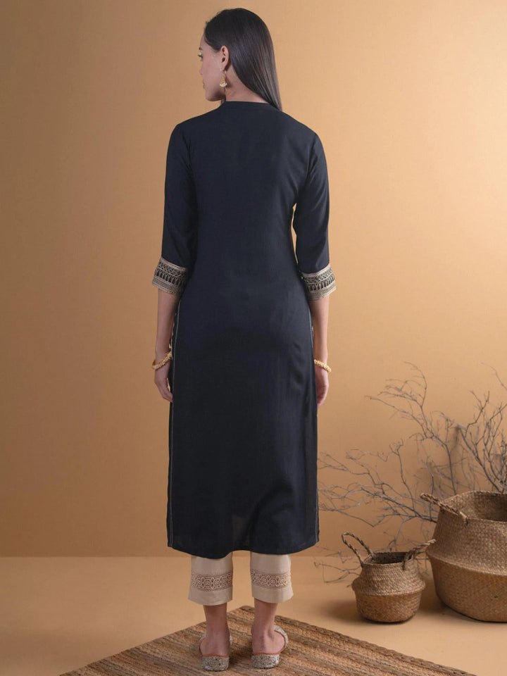 Black Embroidered Rayon Kurta - Libas