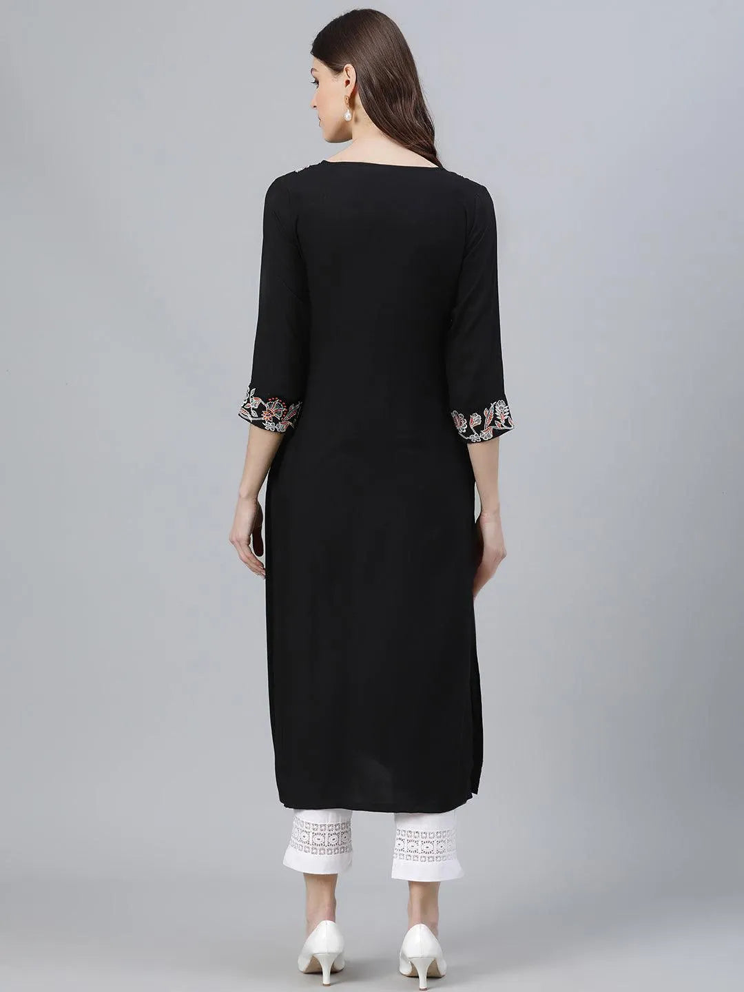 Black Embroidered Rayon Kurta - Libas