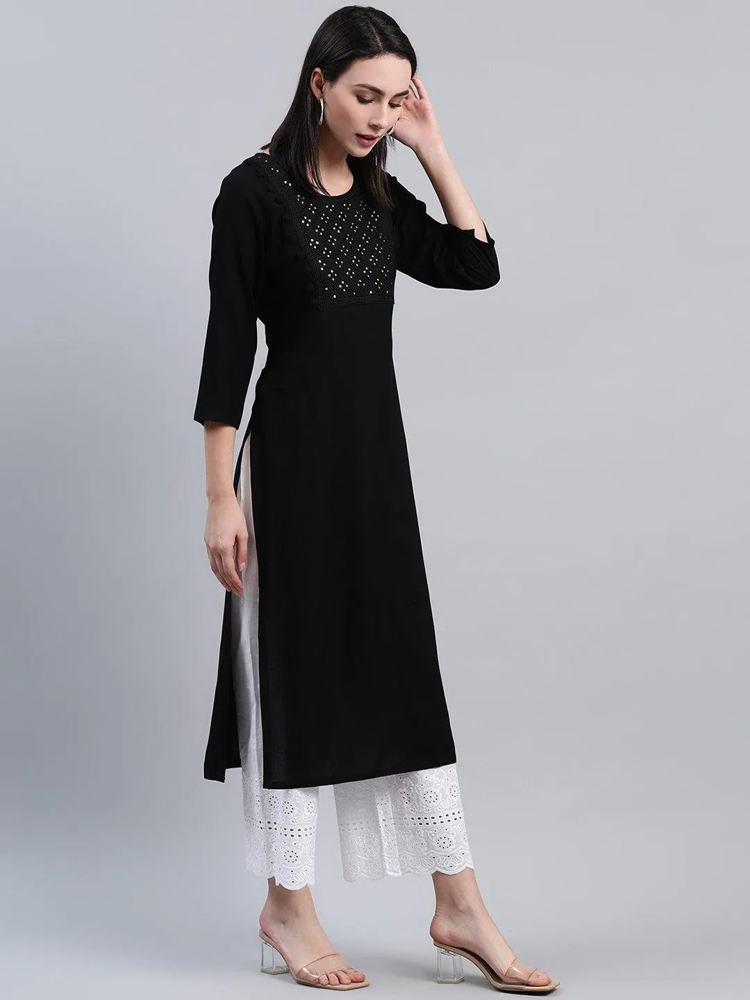 Black Embroidered Rayon Kurta - Libas 