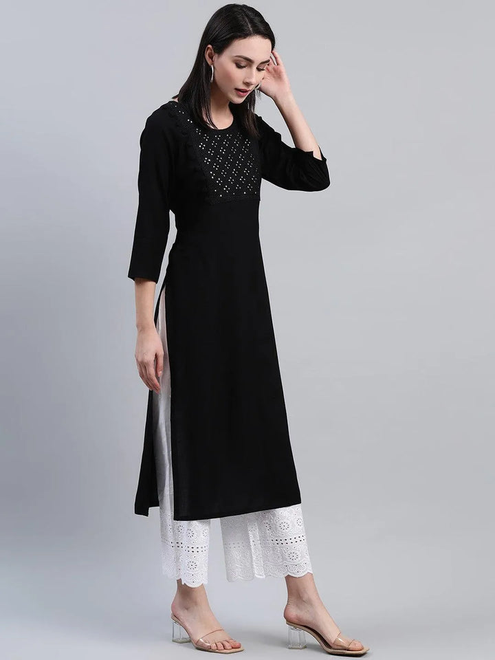 Black Embroidered Rayon Kurta - Libas