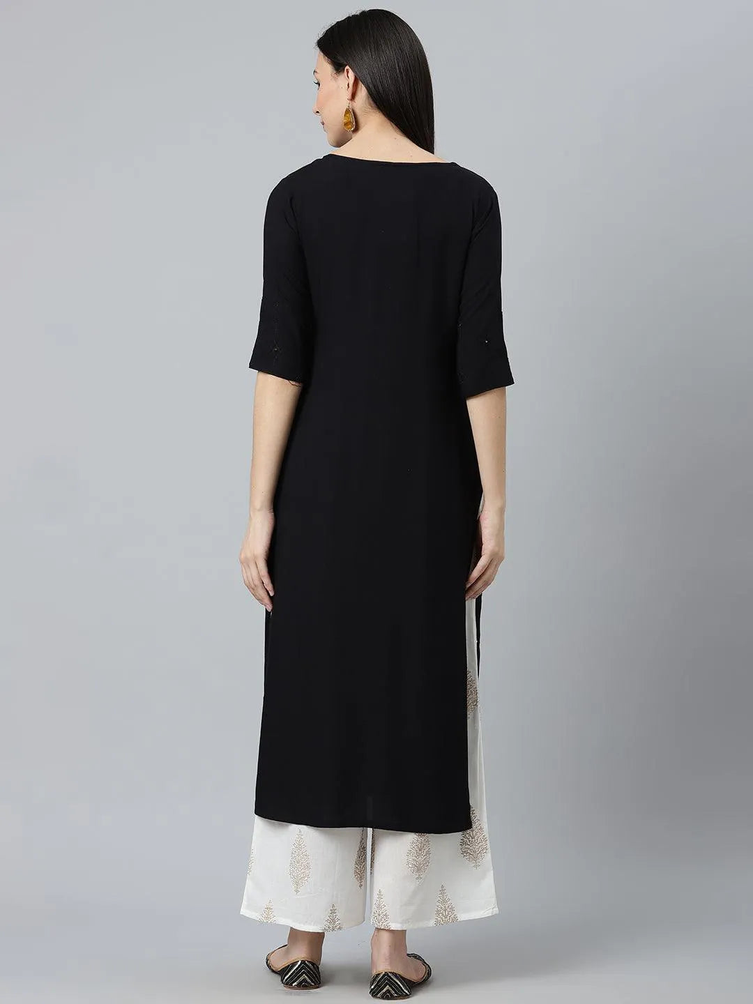 Black Embroidered Rayon Kurta - Libas 