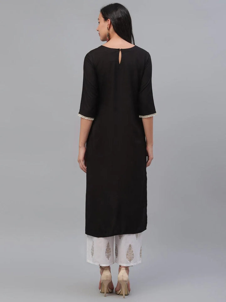 Black Embroidered Rayon Kurta - Libas