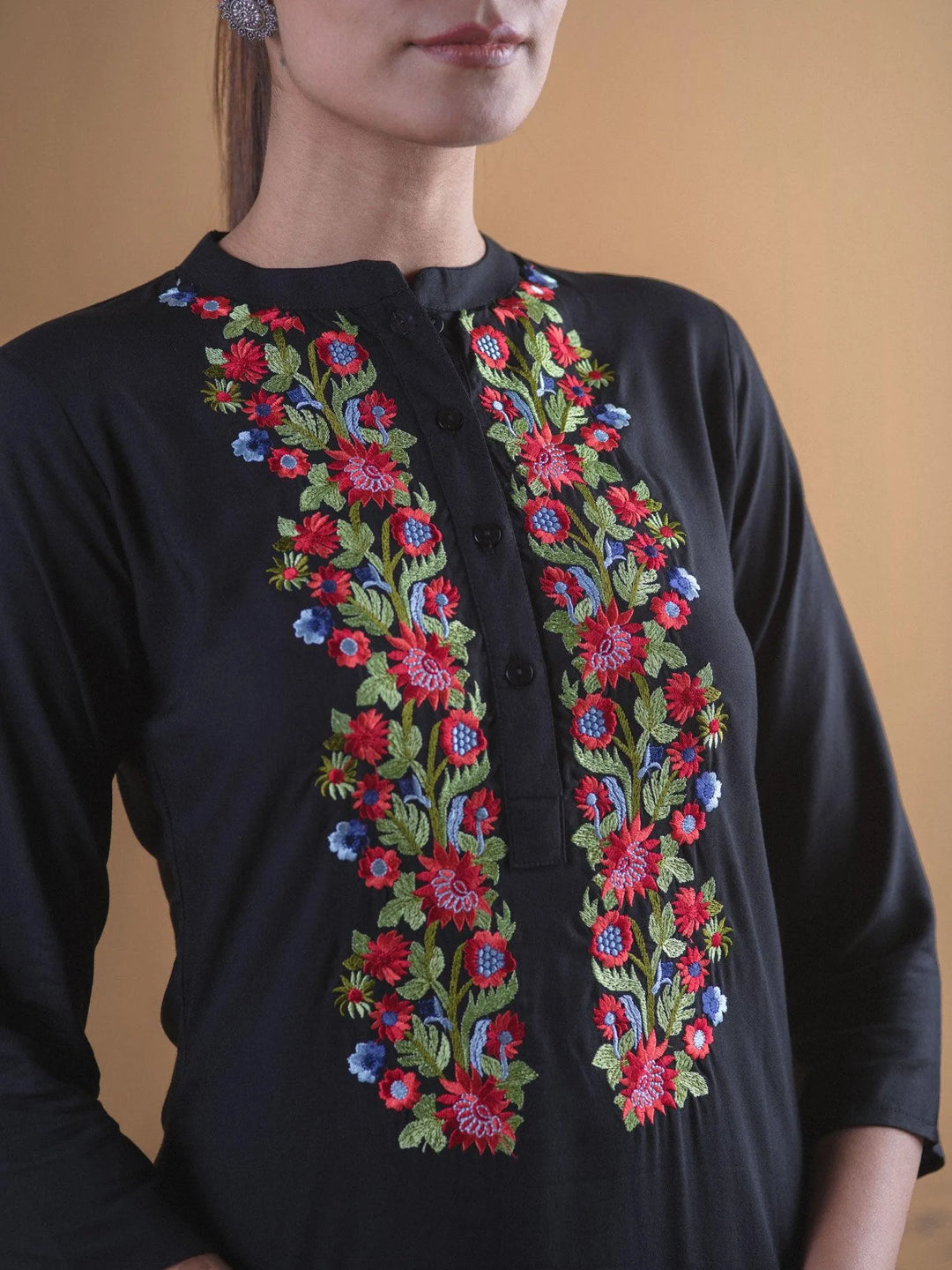 Black Embroidered Rayon Kurta - Libas