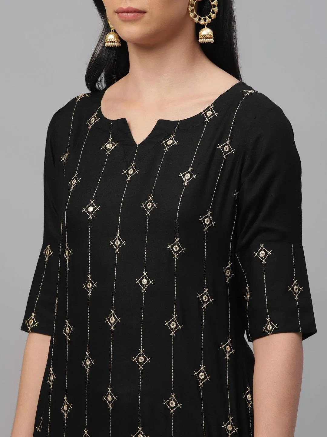 Black Embroidered Rayon Kurta - Libas