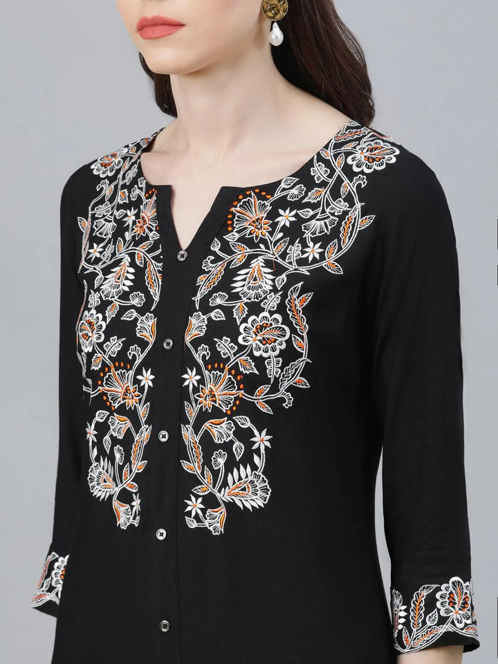 Black Embroidered Rayon Kurta - Libas