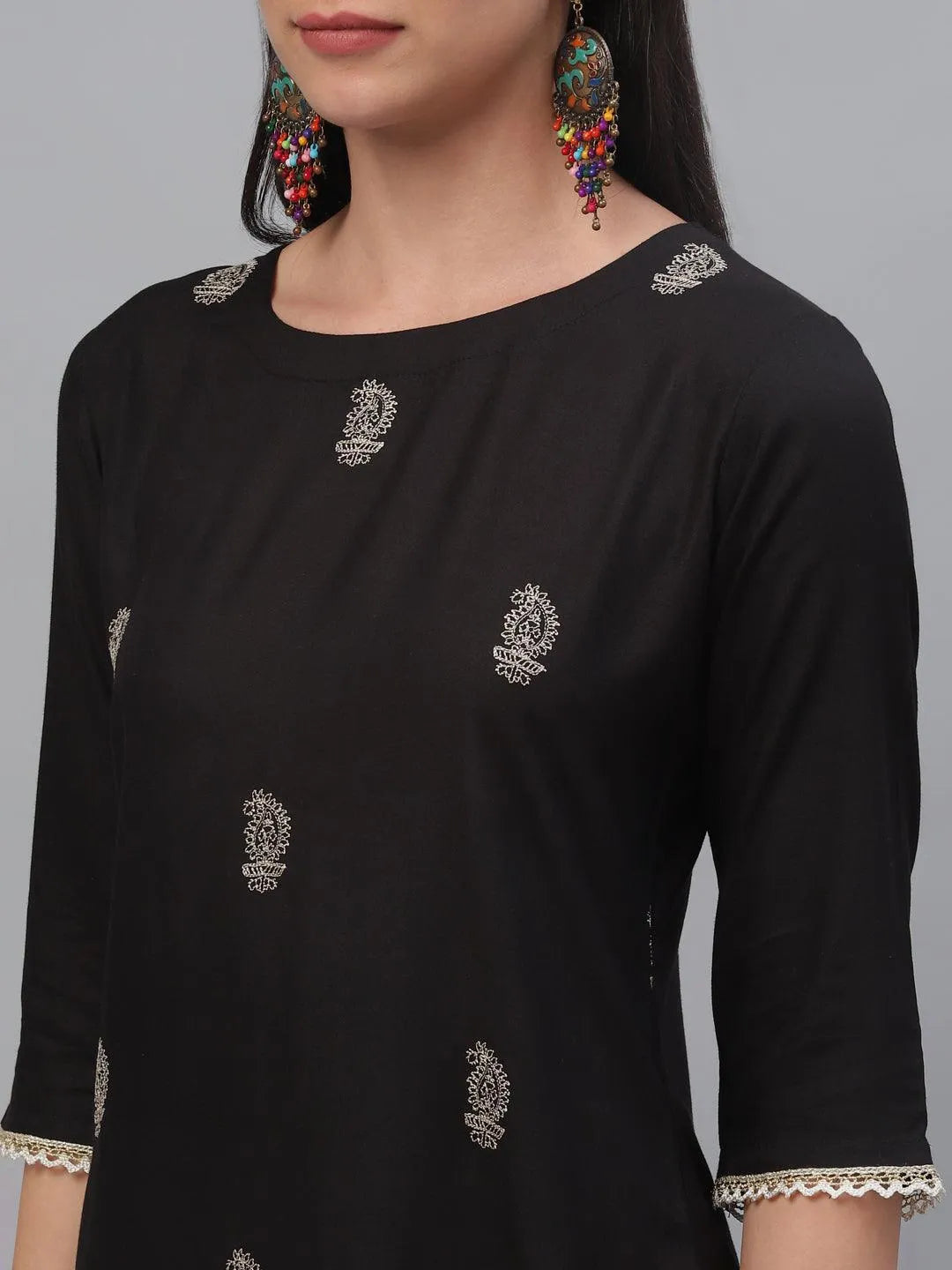 Black Embroidered Rayon Kurta - Libas