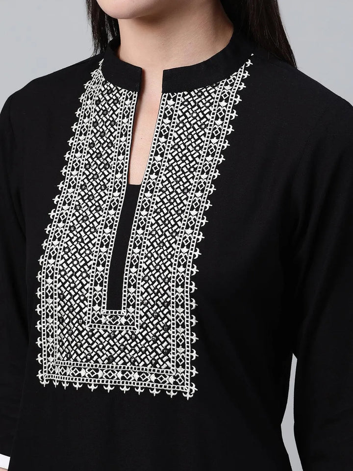 Black Embroidered Rayon Kurta - Libas