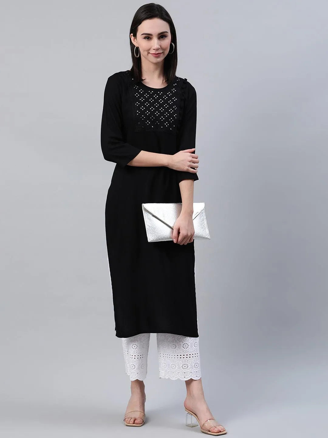 Black Embroidered Rayon Kurta - Libas