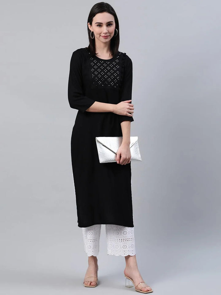 Black Embroidered Rayon Kurta - Libas