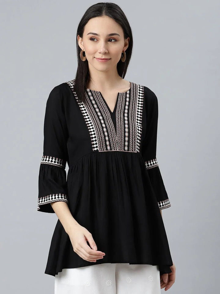 Black Embroidered Rayon Kurti - Libas