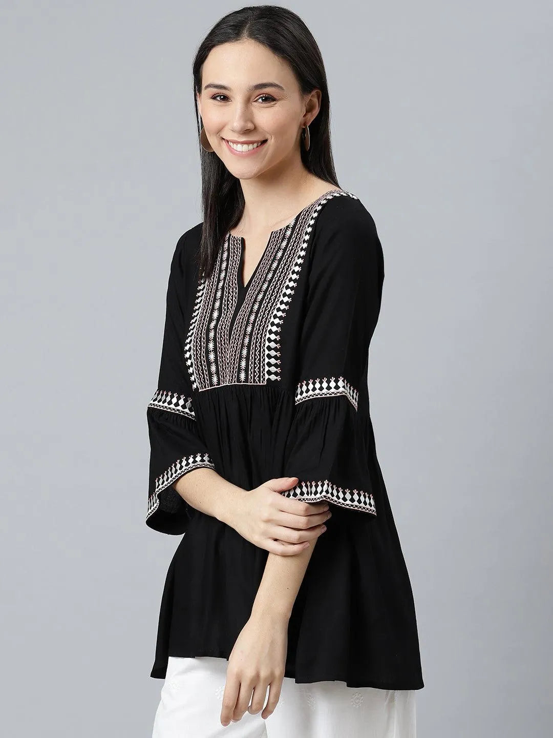 Black Embroidered Rayon Kurti - Libas