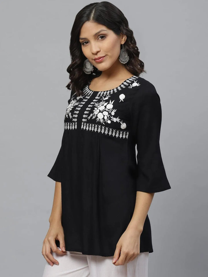 Black Embroidered Rayon Kurti - Libas