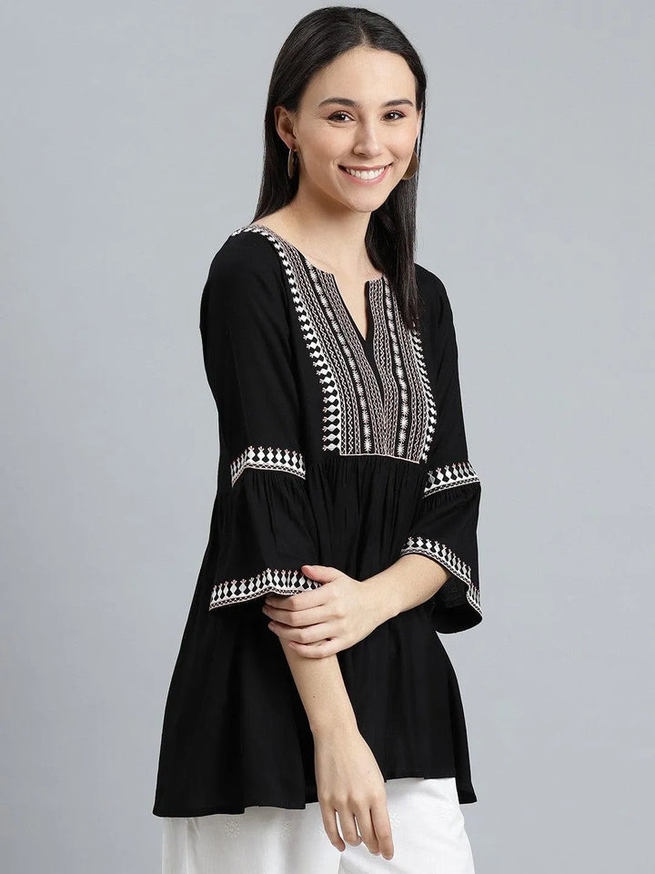 Black Embroidered Rayon Kurti - Libas