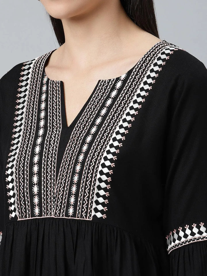 Black Embroidered Rayon Kurti - Libas