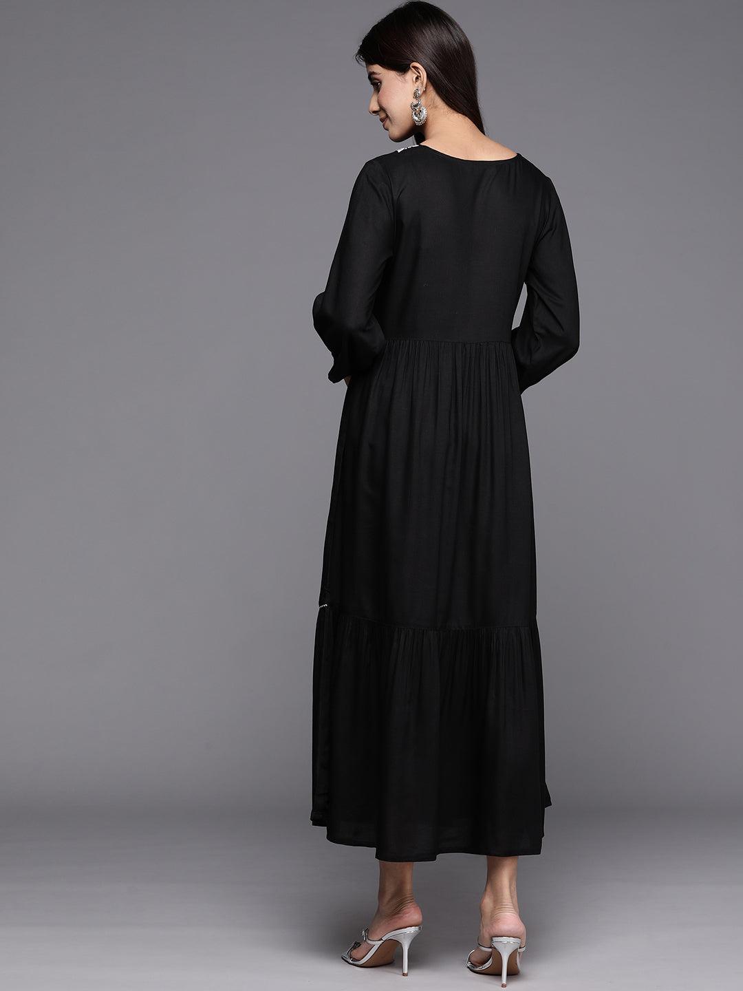 Black Embroidered Rayon Maxi Dress